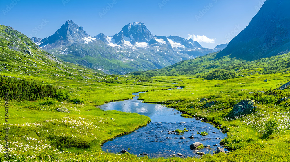 Fototapeta premium Mountain valley stream, green meadow, scenic landscape, summer travel