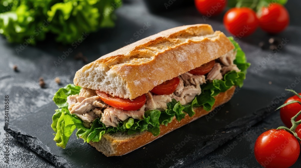 Fresh tuna sandwich with crisp lettuce and juicy tomatoes on rustic bread, served on a slate plate, symbolizing delicious and healthy cuisine.
