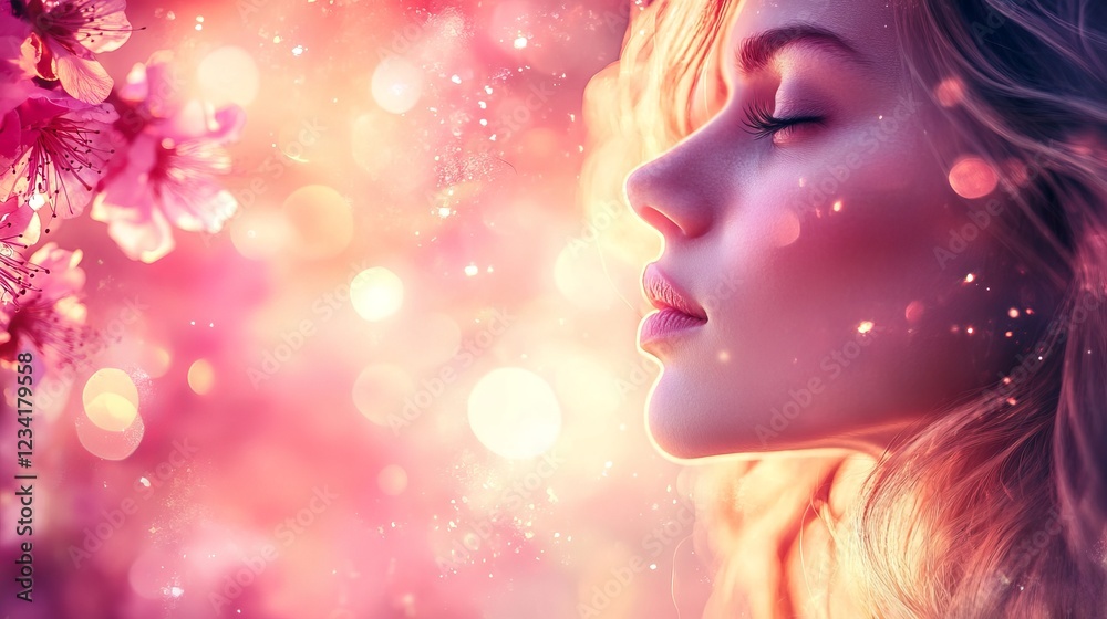 Graceful Woman with Long Flowing Hair Adorned with a Delicate Pink Flower Embodying Natural Beauty and Elegance in a Soft and Dreamy Setting Evoking a Sense of Peace and Tranquility Graceful Woman with Long Flowing Hair Adorned with a Delicate Pink Flower Embodying Natural Beauty and Elegance in a Soft and Dreamy Setting Evoking a Sense of Peace and Tranquility