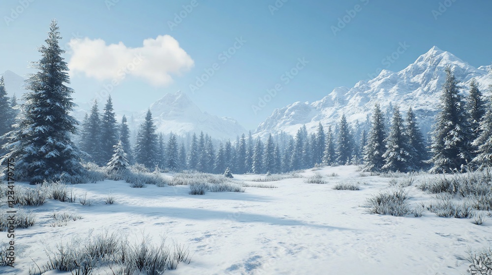 Fototapeta premium Snowy mountain valley winter landscape, serene background, game asset
