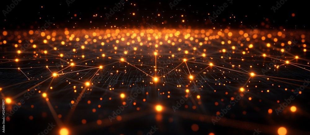 Fototapeta premium Abstract digital landscape with glowing particles and interconnected lines in a dark setting