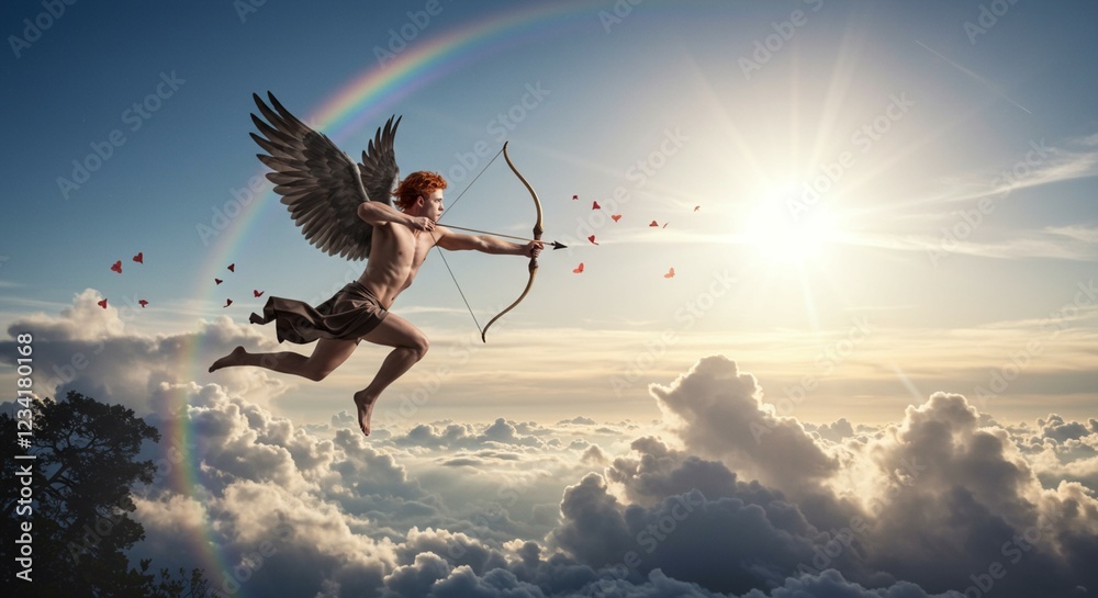 Winged Cupid Flying with Bow and Arrow Romantic Artwork Winged Cupid Flying with Bow and Arrow Romantic Artwork