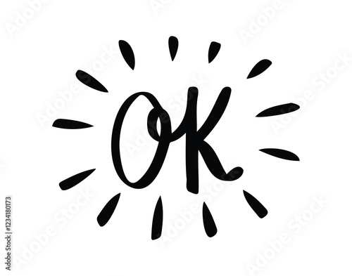 Ok comic doodle lettering flash effects. Shining hand drawn OK onomatopoeia. Okey okay decorative word cartoon icon