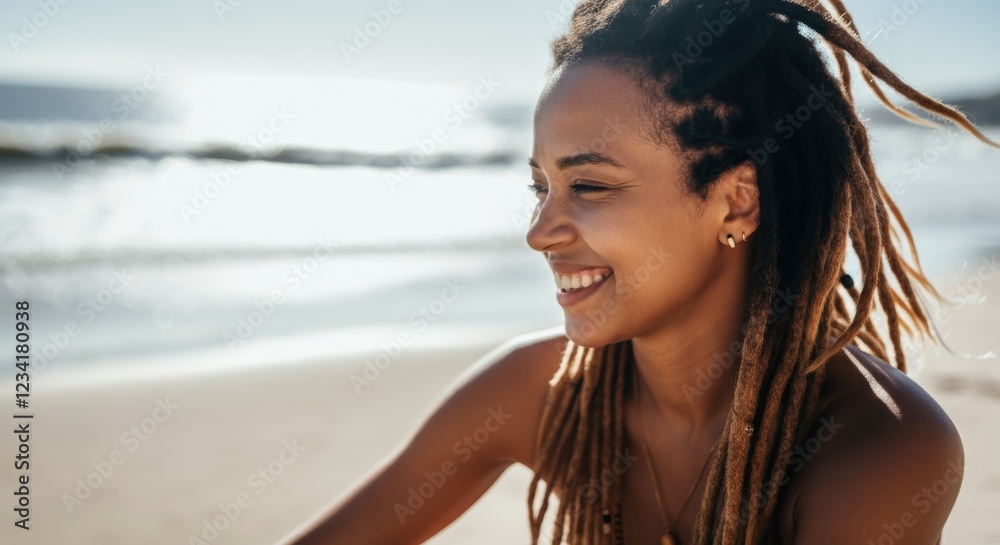 Young african female smiling by the beach with dreadlocks on a sunny day Young african female smiling by the beach with dreadlocks on a sunny day