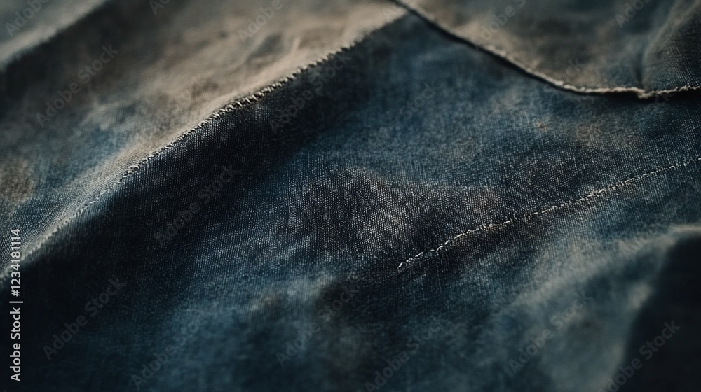Naklejka premium Close-up on distressed blue denim fabric with visible stitching details and faded textures