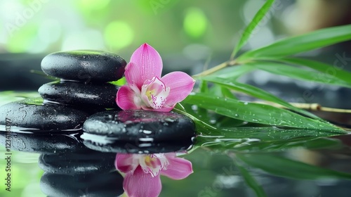 Black spa stones and a pink orchid flower reflected in water with green bamboo leaves, symbolizing relaxation and harmony.