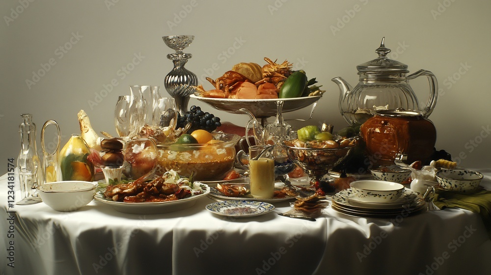 Fototapeta premium Studio still life opulent seafood feast on table, rich background