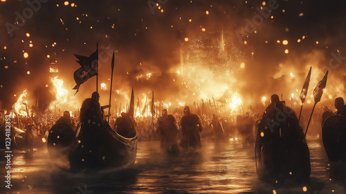 Viking enthusiasts gather by the water on a brisk January evening, illuminating the darkness with their fiery torches, celebrating the age-old Up Helly Aa festival with passion and unity.  photo