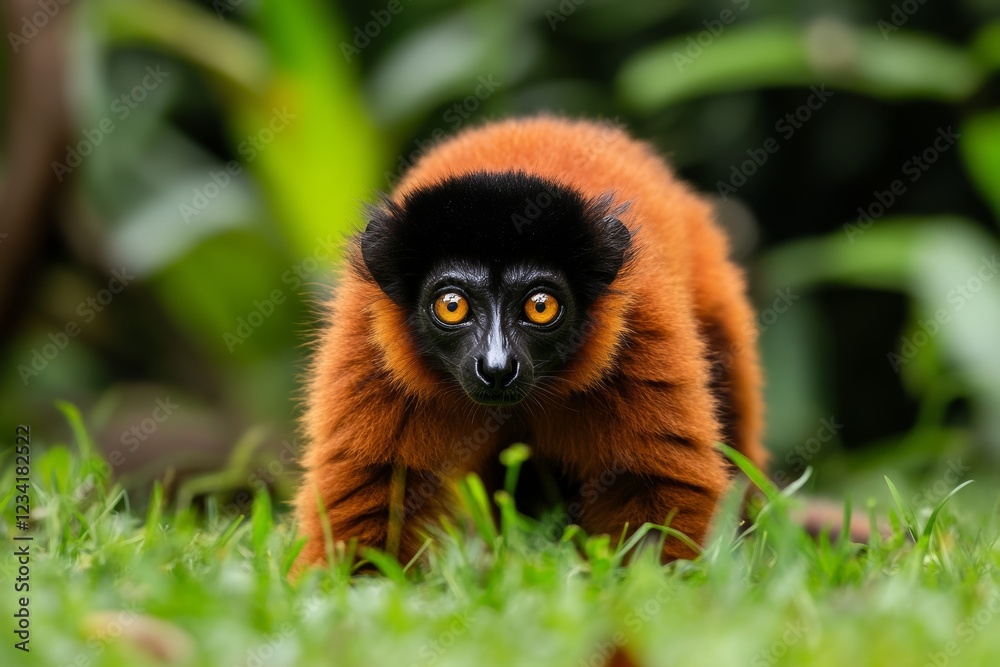 Fototapeta premium brown lemur monkey walking on grass