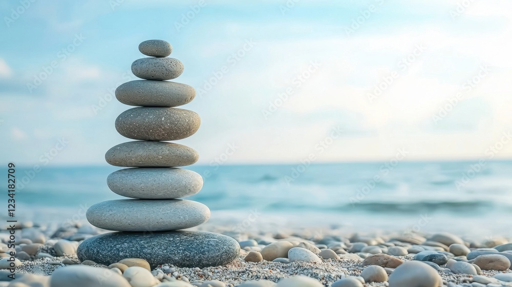 Tower of stacked smooth stones on a pebbled beach with a calm ocean in the background, symbolizing balance and mindfulness. Tower of stacked smooth stones on a pebbled beach with a calm ocean in the background, symbolizing balance and mindfulness.