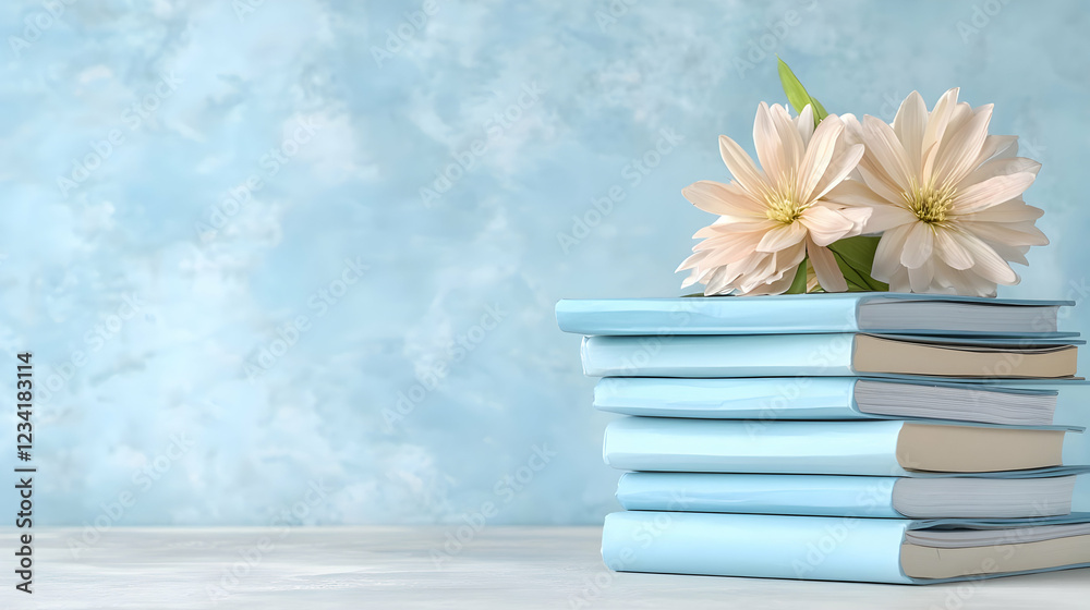 Stack of books with flowers, blue background, education concept