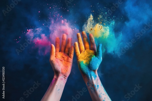 hands throwing bright powdered colors in high-speed motion photo