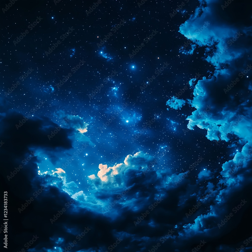 Fototapeta premium Dark Blue Night Sky with Bright Stars and Clouds