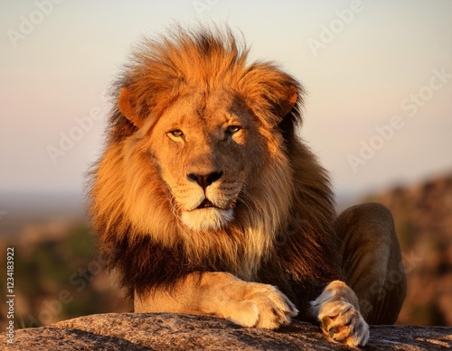 A close-up of a majestic lion resting on a rocky outcrop, with golden sunlight highlighting its mane. photo