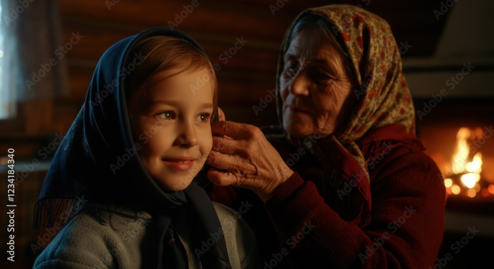 Elderly caucasian woman and young girl smiling in cozy cabin with fireplace