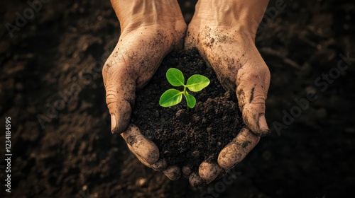 Close-up of weathered hands cupping dark soil with green sprout photo