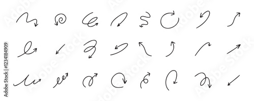 Doodle spiral arrows set. Hand drawn arrows. Design quirky twist line, curve wave arrow. 