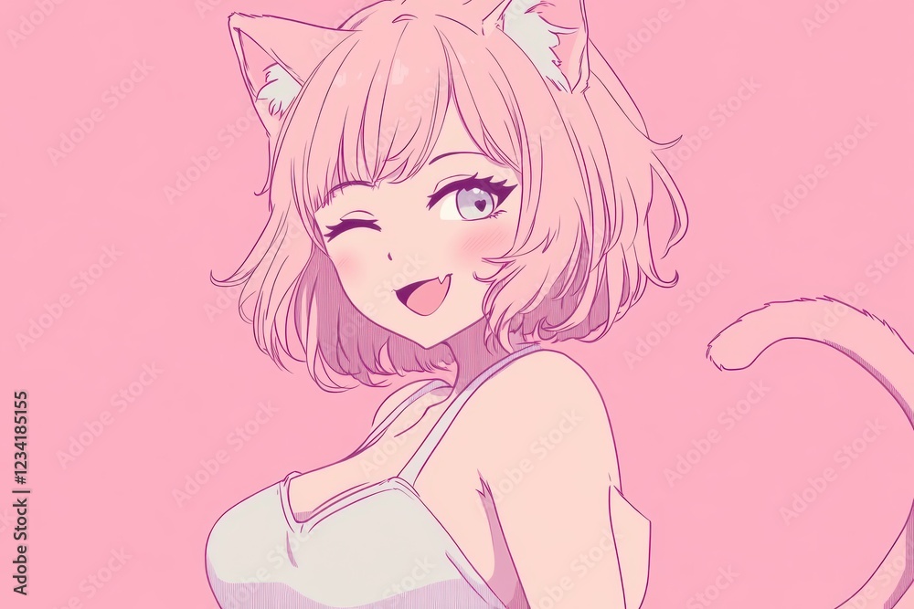 Cute and Mischievous Catgirl with Fluffy Ears and Winking Expression on Pastel Pink Background Cute and Mischievous Catgirl with Fluffy Ears and Winking Expression on Pastel Pink Background