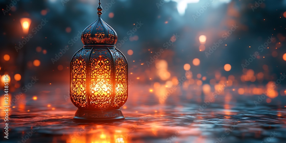 Illuminated Moroccan lantern on reflective surface with bokeh lights
Illuminated Moroccan lantern on reflective surface with bokeh lights