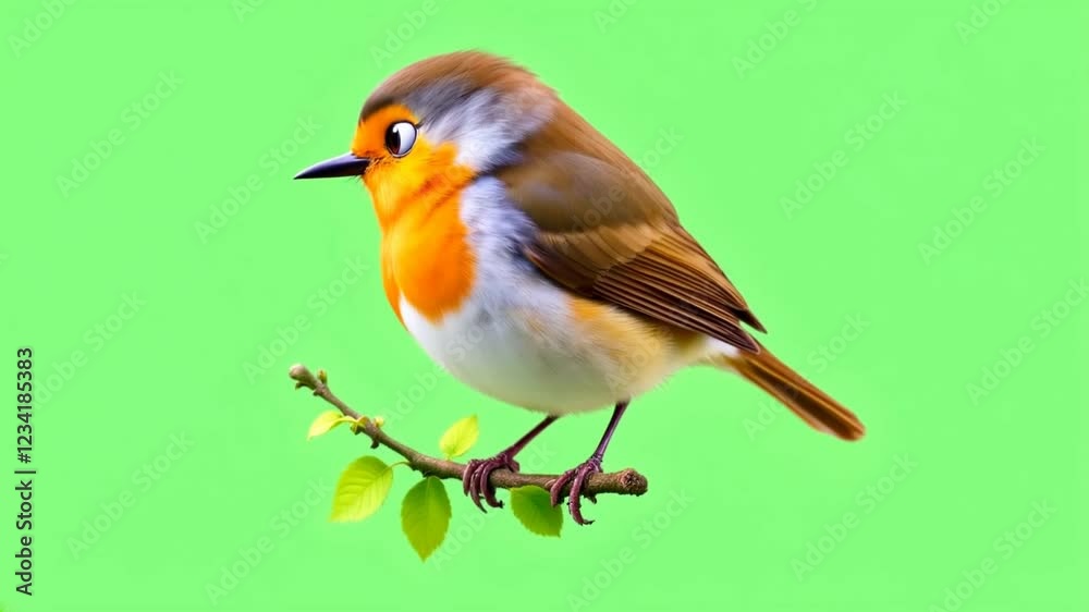 European Robin perched on branch, green screen, spring, nature, design European Robin perched on branch, green screen, spring, nature, design