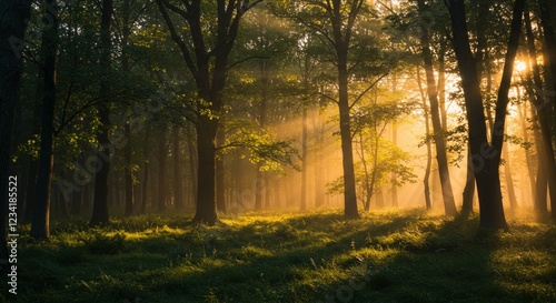 Golden Sunrise in Misty Forest Landscape Photo