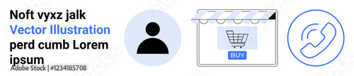 User avatar, shopping cart with Buy button under storefront awning, phone receiver icon. Ideal for e-commerce, customer support, user profiles, online shopping, digital storefronts, retail flat