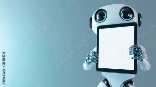 Cute robot with big eyes holding tablet with blank white screen photo