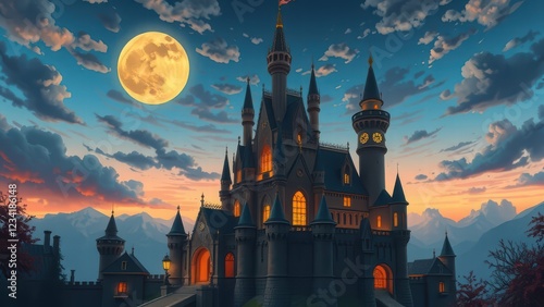 Enchanting fairy tale castle in a glowing twilight sky, dreamy fantasy illustration