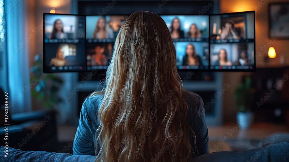 Woman watching a multi person video conference call