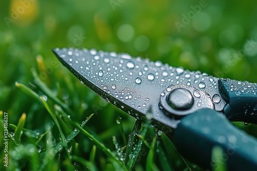 Pruning shears with water droplets on wet grass
