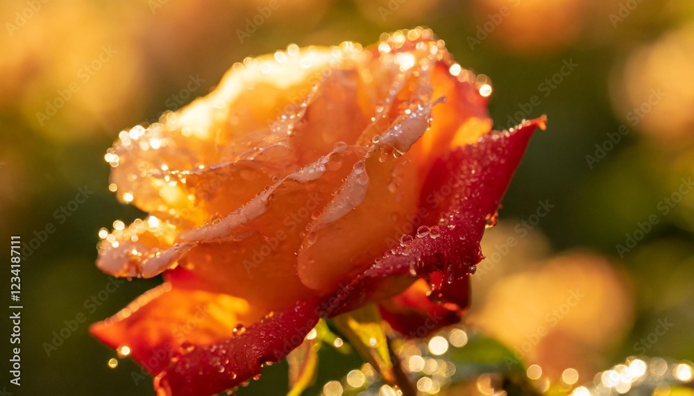 Close-Up of a Vibrant Blooming Rose with Dew Drops Close-Up of a Vibrant Blooming Rose with Dew Drops