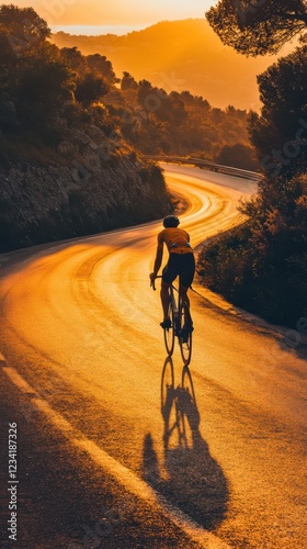 Cyclist riding forward, body blending into winding road, golden sunset photo