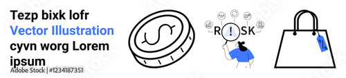 Coin with dollar sign, person analyzing risk, and shopping bag with tag. Ideal for finance, risk, investment, shopping, commerce, decision-making and economics-themed flat landing page banner