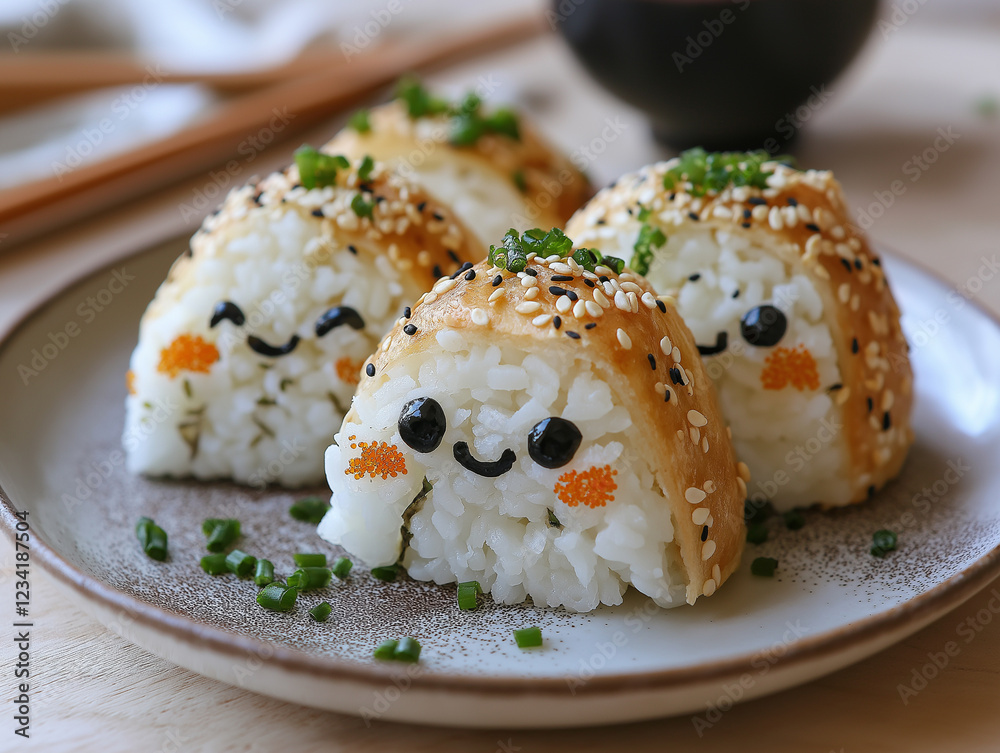 Three adorable croissant onigiri with joyful expressions sit on a rustic plate, garnished with chives and sesame seeds in a warm, inviting atmosphere perfect for a casual meal. Generative AI Three adorable croissant onigiri with joyful expressions sit on a rustic plate, garnished with chives and sesame seeds in a warm, inviting atmosphere perfect for a casual meal. Generative AI