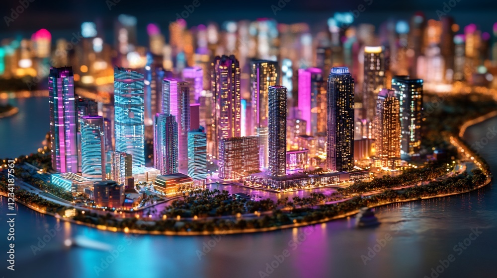 Obraz premium Illuminated city model, nighttime, waterfront, miniature, architectural design