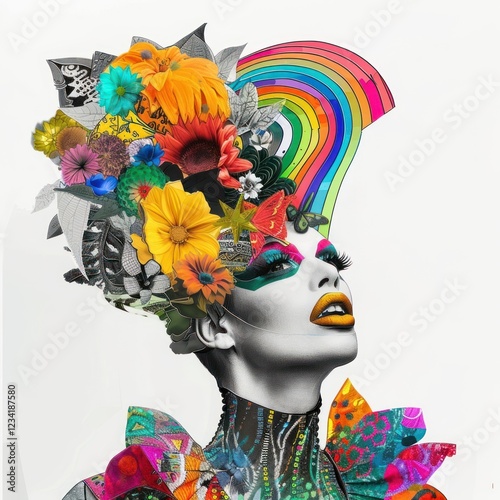 Paper collage of drag queen flower art portrait.