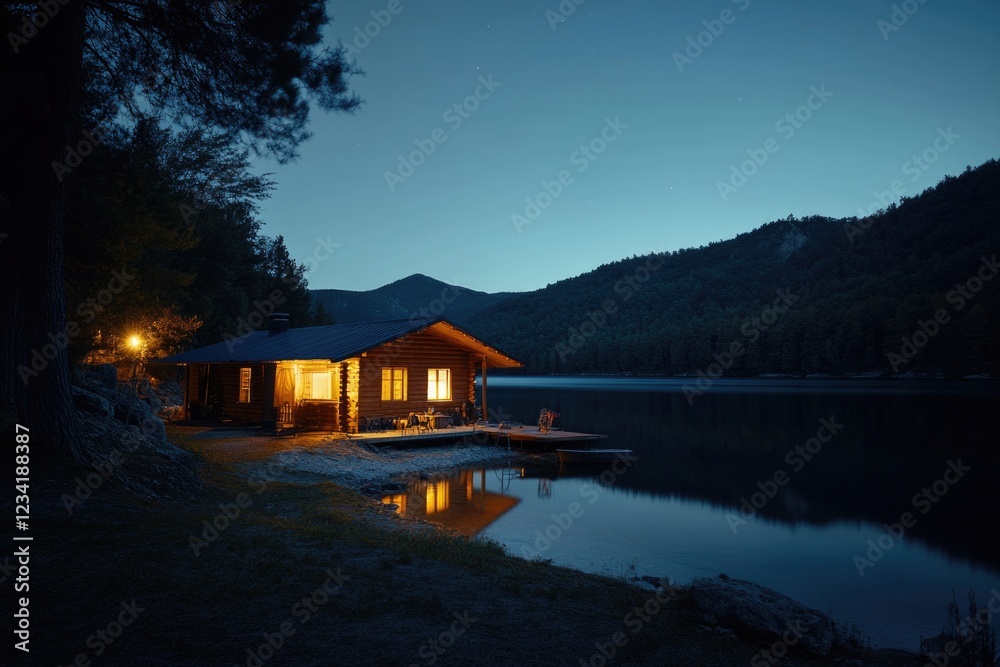 Fototapeta premium Lake Cabin Night