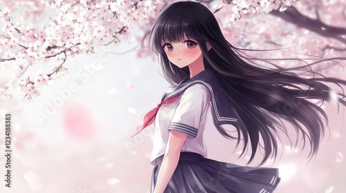 Charming Schoolgirl in Sailor Uniform with Wind-Lifted Skirt Under Cherry Blossom Tree photo