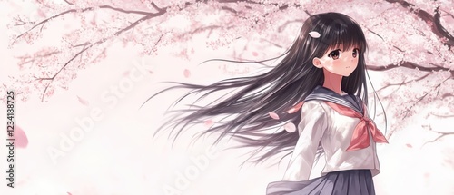 Charming Schoolgirl in Sailor Uniform with Wind-Lifted Skirt Under Cherry Blossom Tree photo