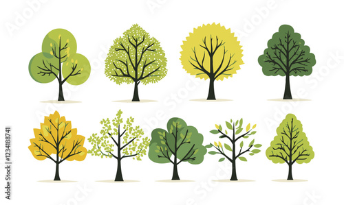 Set of tree and leaf collection hand drawn flat design vector element. botanical set of bare trees and ones with leaves and lush green