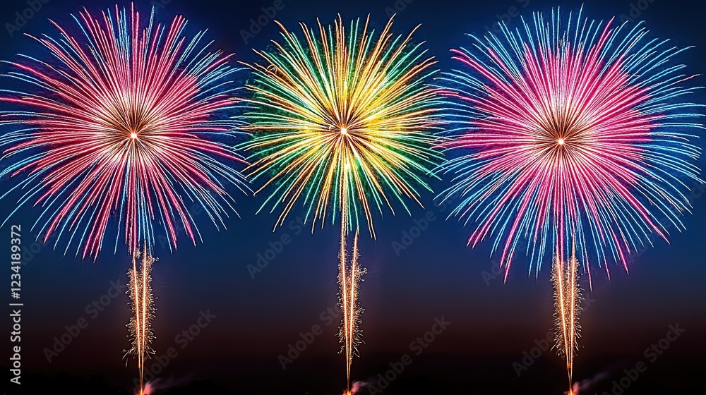 Three vibrant fireworks bursts against a dark night sky. Three vibrant fireworks bursts against a dark night sky.