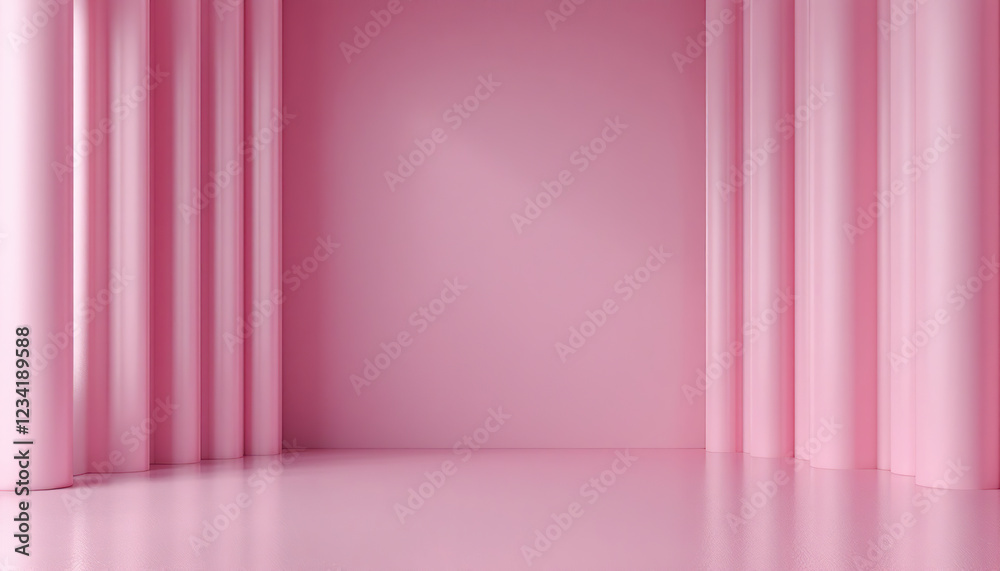Pink room with draped fabric columns creating a stage Pink room with draped fabric columns creating a stage