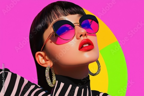 Vibrant digital fashion of a stylish woman in sunglasses urban setting creative artwork bold colors eye-level perspective photo