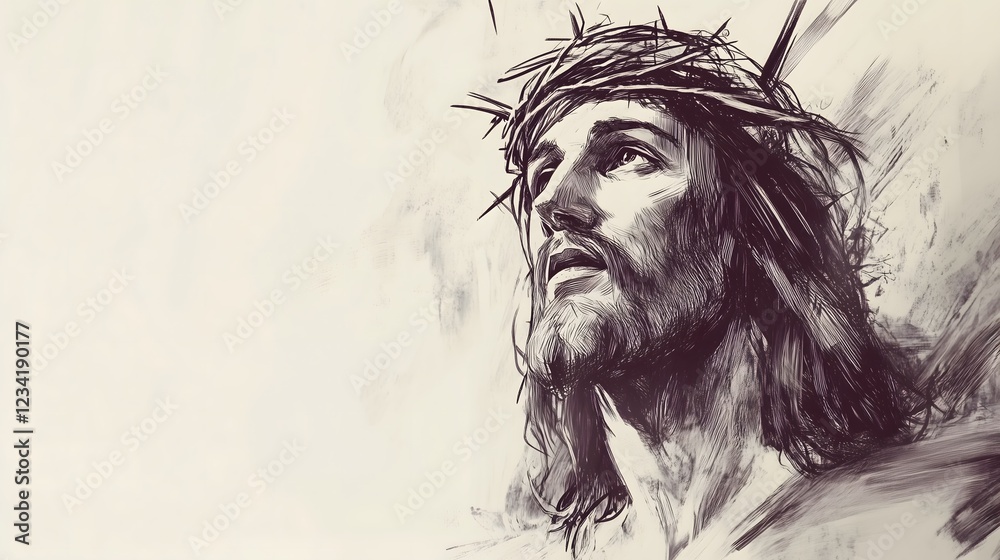 Sketch of Jesus Christ Looking Up with a Crown of Thorns Sketch of Jesus Christ Looking Up with a Crown of Thorns