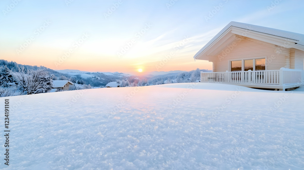 Sunrise over snowy mountains, chalet, winter landscape, postcard Sunrise over snowy mountains, chalet, winter landscape, postcard