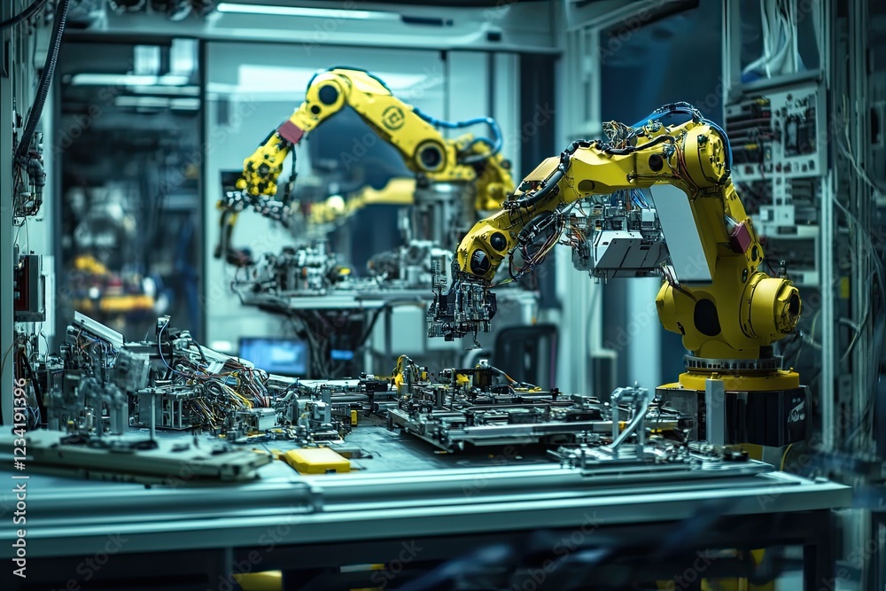 Factory robots assembling electronic components. Factory robots assembling electronic components.
