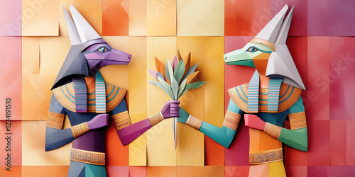 Ancient Egyptian, Egyptology two figures representing old animal spirits of historical Egypt, geometric colourful background