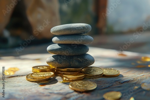 Pile of Coins on Wooden Table photo