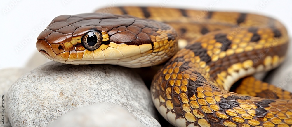Brown snake on rocks, studio shot, white background, reptile pet Brown snake on rocks, studio shot, white background, reptile pet