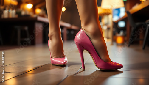 Elegant close-up woman`s legs in bold pink stiletto heels, illuminated by soft bar lighting,  a luxurious club setting in the background photo